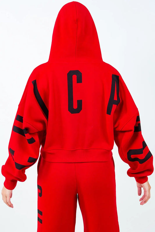 American Bazi Letter Graphic Long Sleeve Drawstring Cropped Hoodie by American Bazi