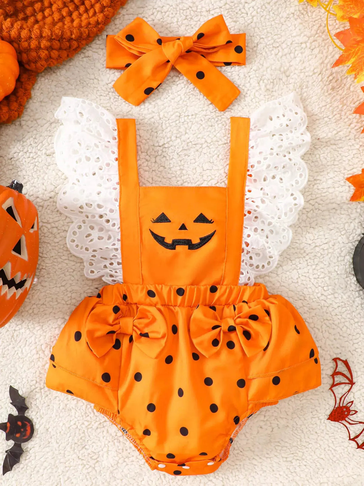 Children's Halloween Pumpkin Polka Dot Bodysuit and Headband Set by Trendsi