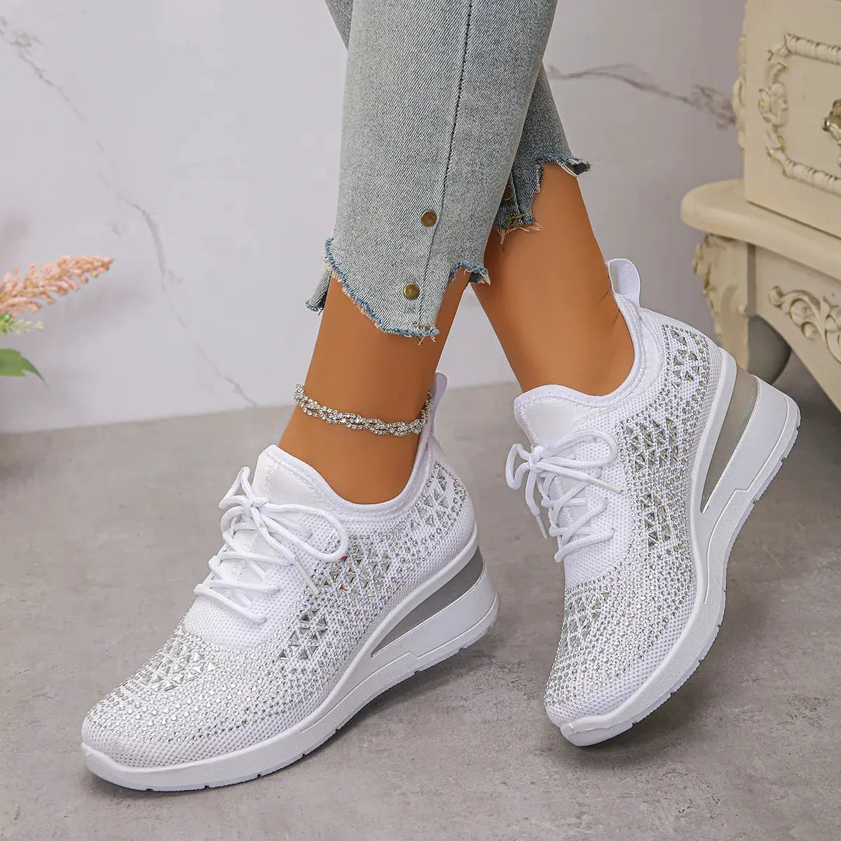 Breathable Mesh Rhinestone Wedge Athletic Sneakers by Partner Label