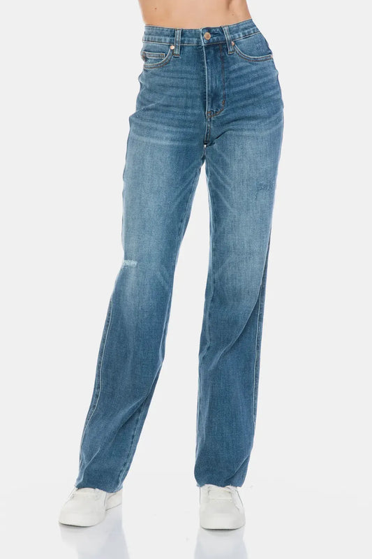 Judy Blue Full Size Tummy Control Cut Raw Hem Straight Jeans by Judy Blue