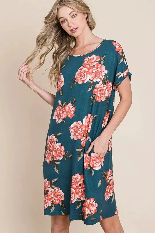 BOMBOM Floral Round Neck Short Tee Dress with Pockets by BOMBOM