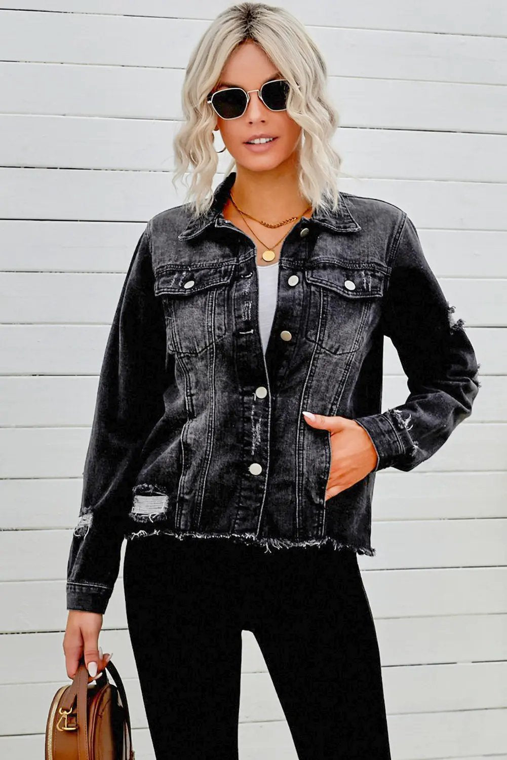 Distressed Raw Hem Buttons Denim Jacket by Partner Label