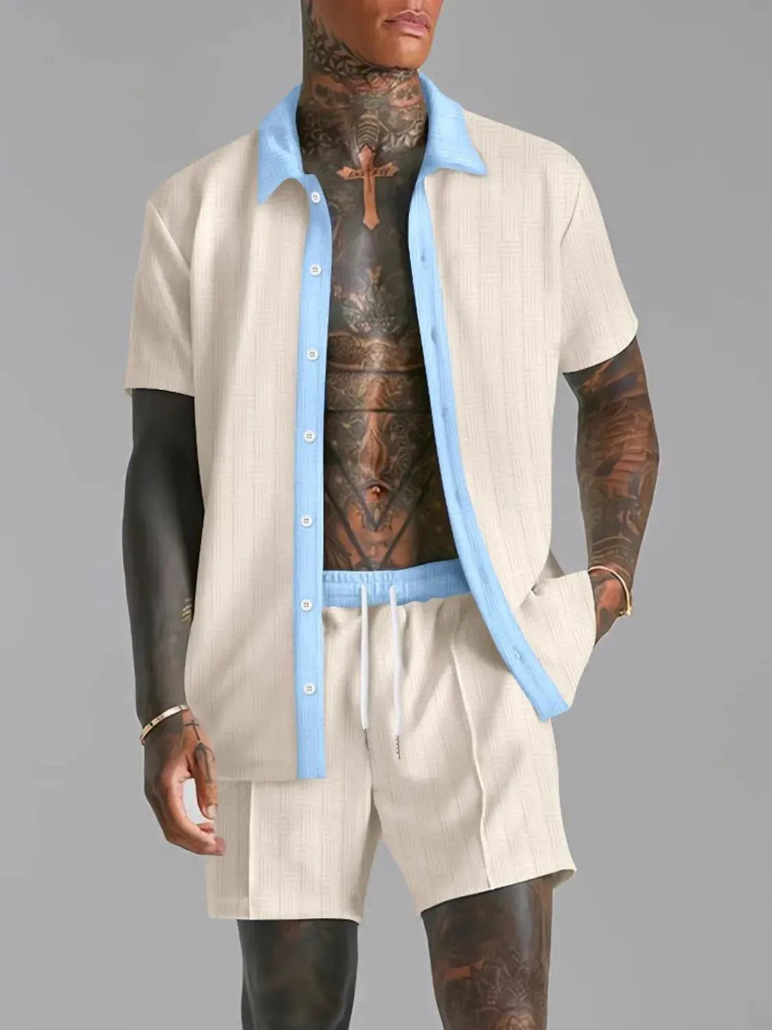 Men's Full Size Collared Neck Short Sleeve Top and Shorts Set Plus Size by Trendsi