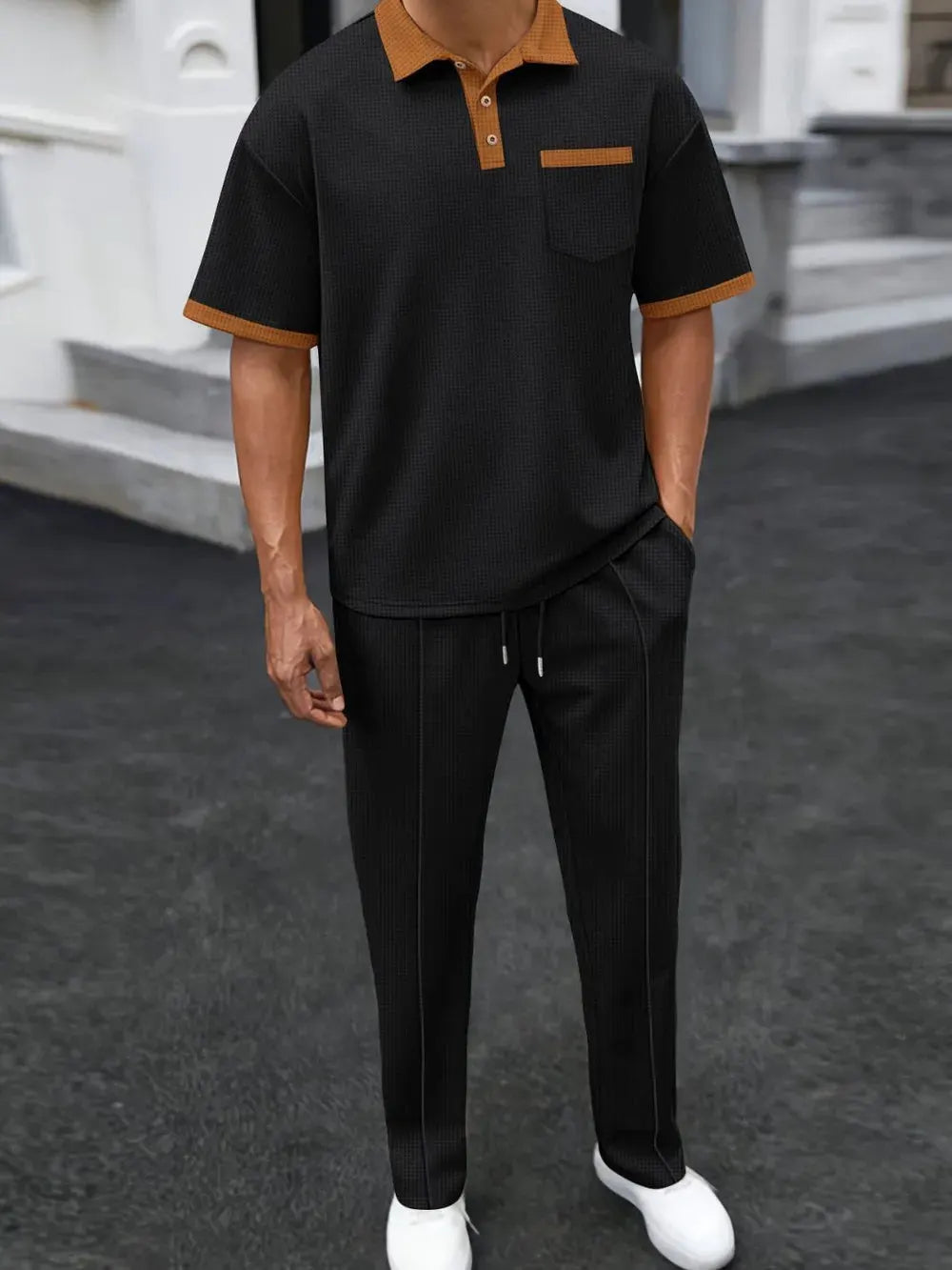 Men's Full Size Waffle-Knit Contrast Polo and Pants Set Plus Size by Trendsi