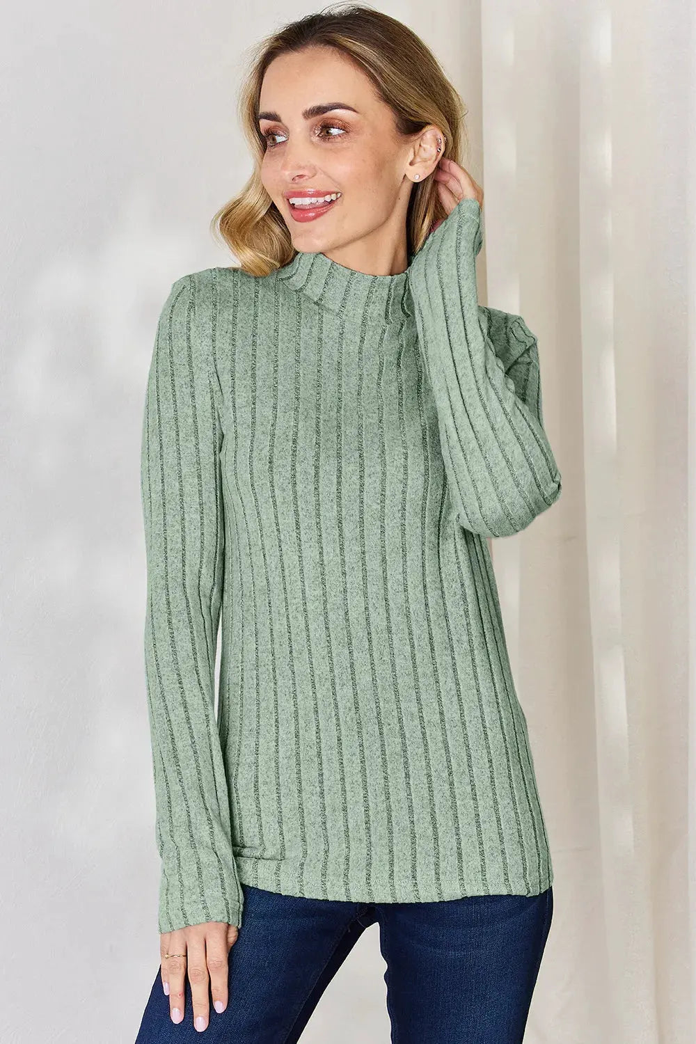 Basic Bae Full Size Ribbed Mock Neck Long Sleeve T-Shirt by Basic Bae