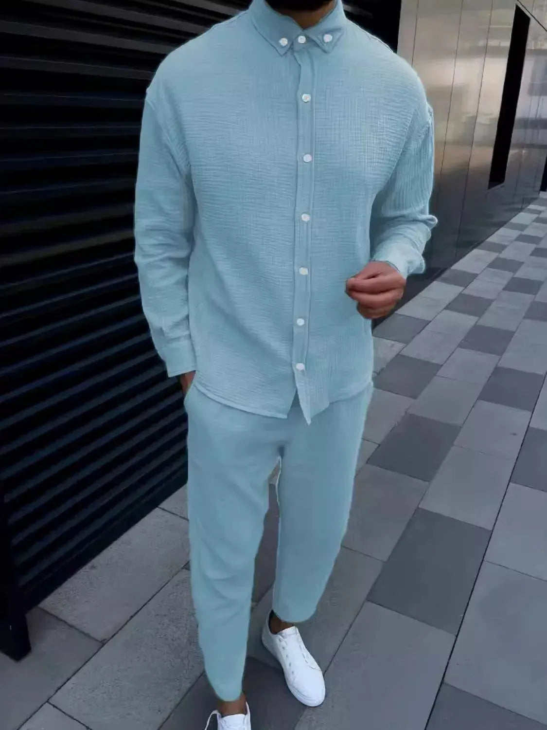 Men's Button Down Long Sleeve Shirt and Pants Set by Trendsi