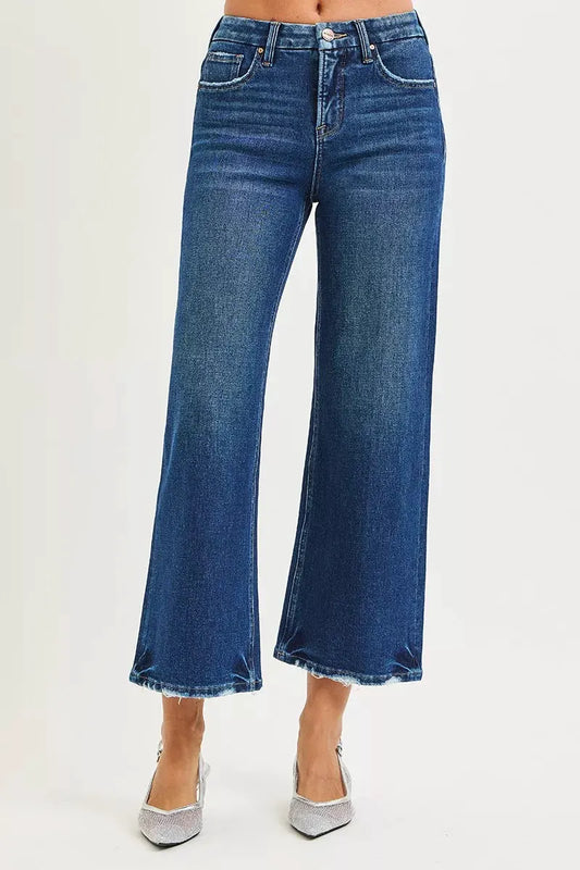 RISEN Tummy Control 4 Way Stretch High Rise Crop Wide Leg Jeans by RISEN