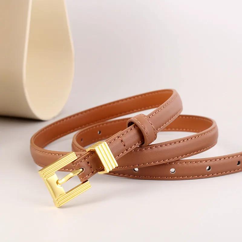 Skinny Leather Belt with Golden Buckle by Trendsi