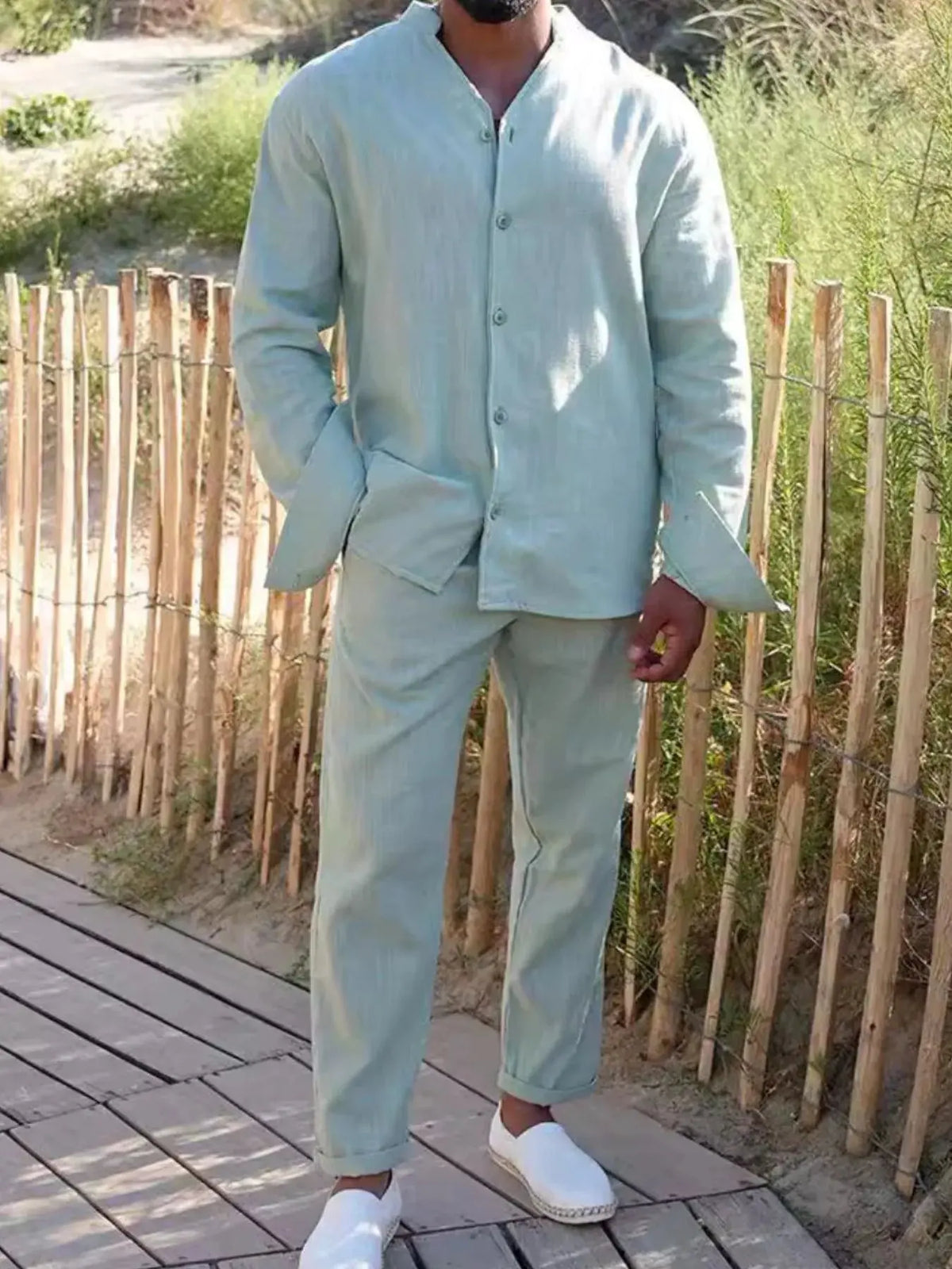 Men's Button Up Long Sleeve Top and Pants Set by Partner Label