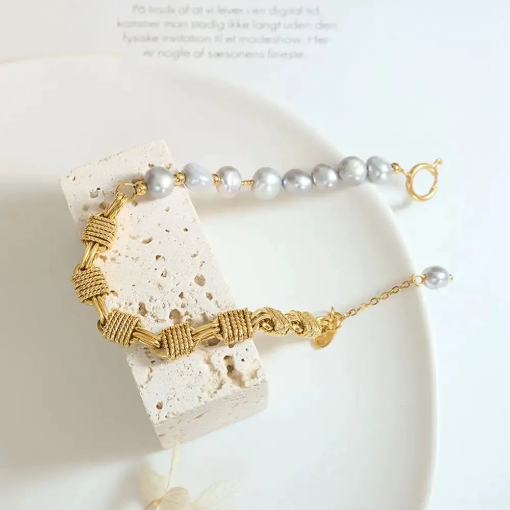 Half Pearl Half Chain Stainless Steel Bracelet by Partner Label