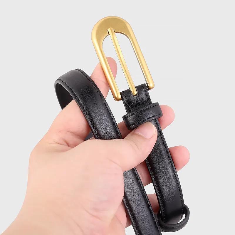 Gold Buckle Skinny Leather Belt by Trendsi