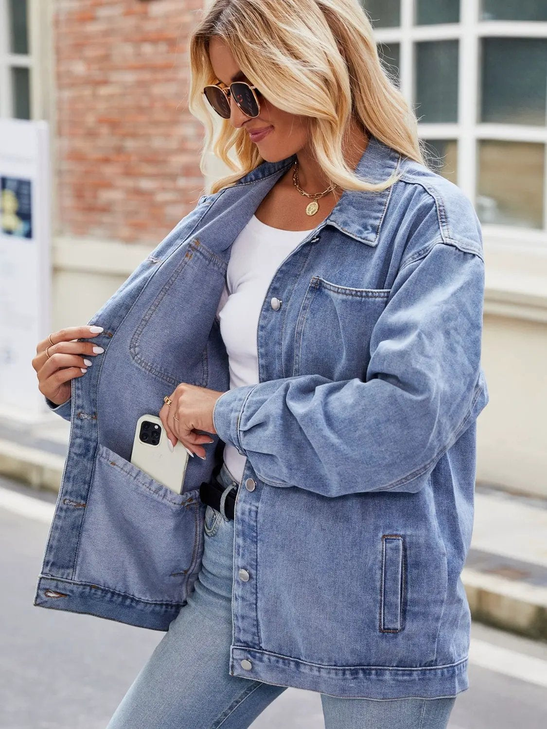 Button Up Denim Jacket with Pockets by Partner Label
