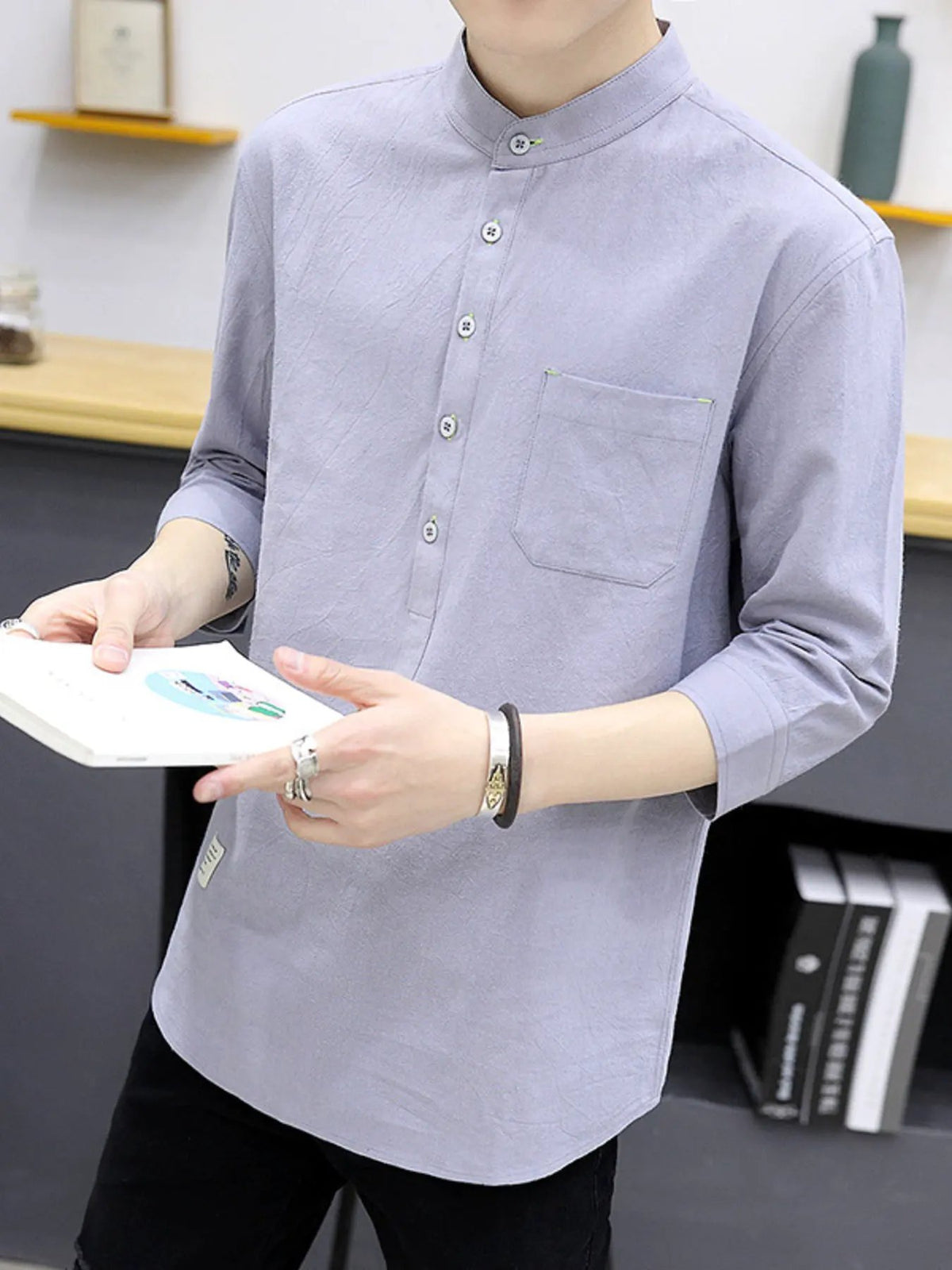 Men's Plus Size Button Detail 3/4 Sleeve Shirt Plus Size by Trendsi