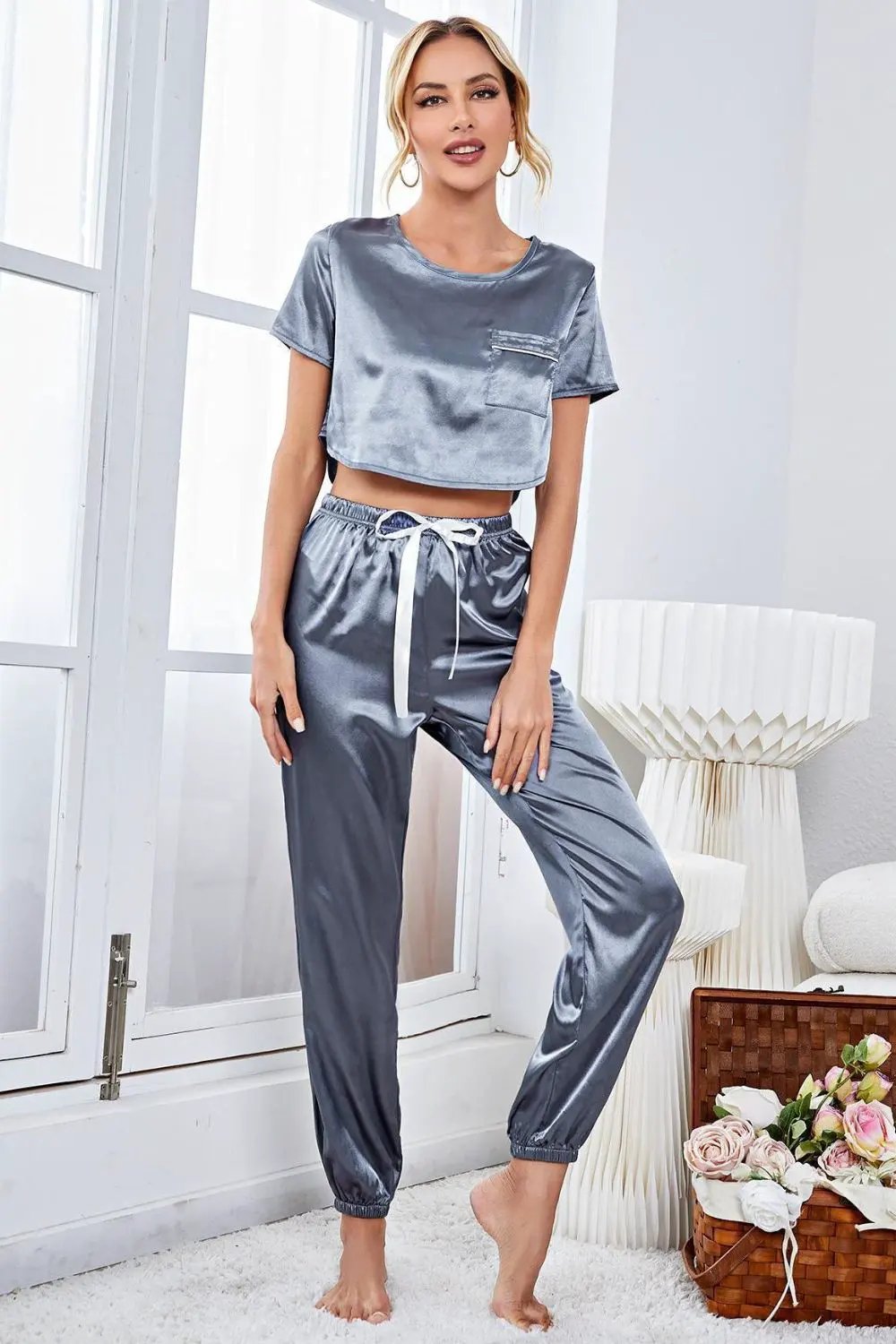 Satin Short Sleeve Crop Top and Joggers Lounge Set by Partner Label