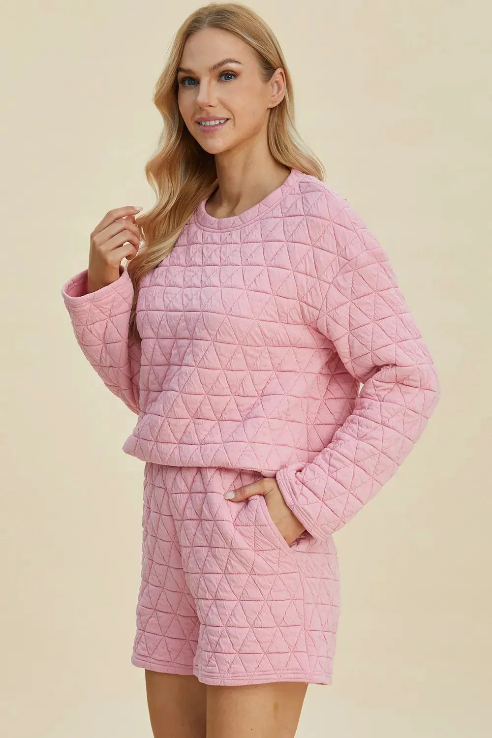 Double Take Full Size Texture Round Neck Long Sleeve Top and Shorts Set by Double Take