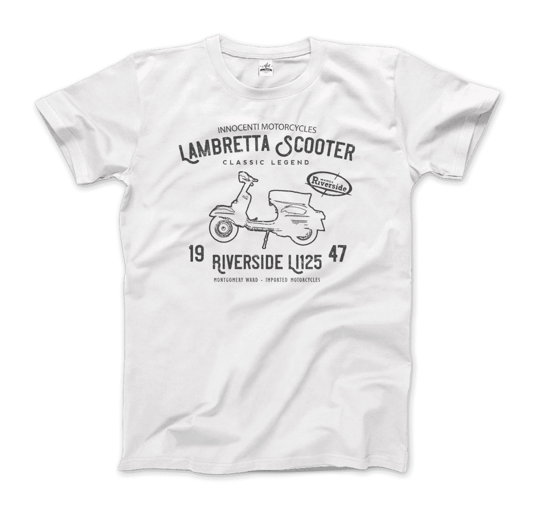 Innocenti Lambretta Scooter Riverside 1947 t-shirt by Art-O-Rama Shop