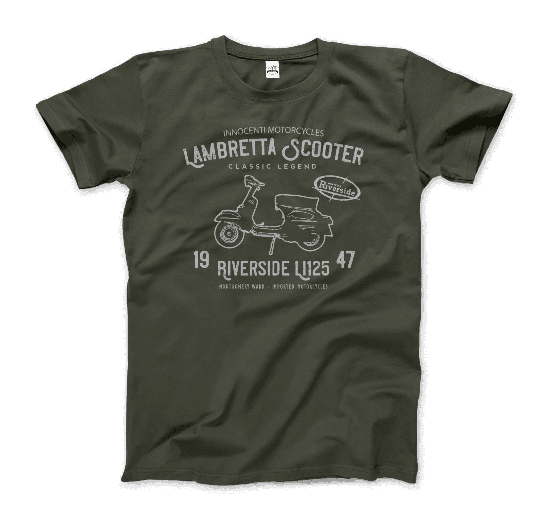Innocenti Lambretta Scooter Riverside 1947 t-shirt by Art-O-Rama Shop