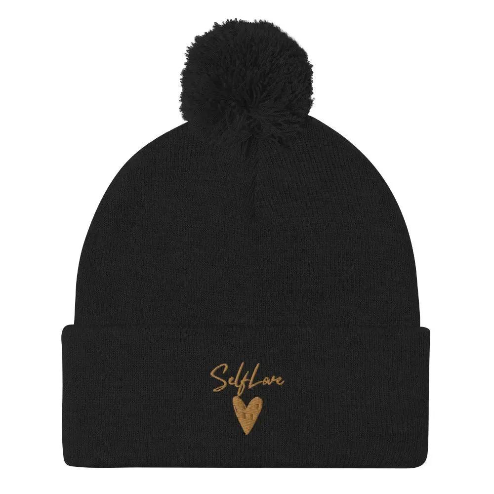 Self Love Pom-Pom Beanie - Women's Beanie with Embroidery by Maiden-Art