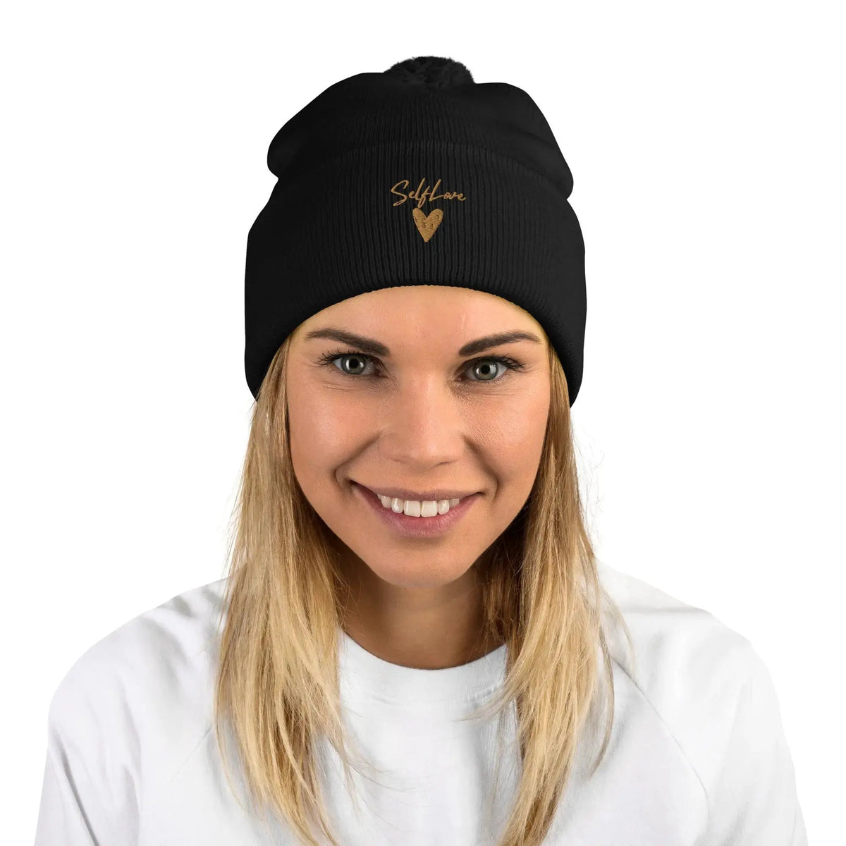 Self Love Pom-Pom Beanie - Women's Beanie with Embroidery by Maiden-Art