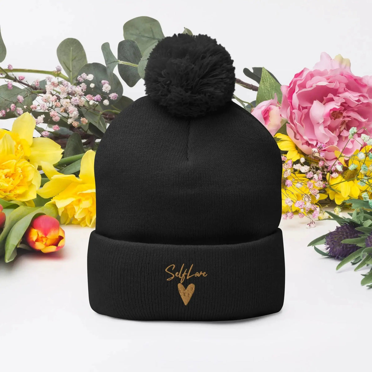 Self Love Pom-Pom Beanie - Women's Beanie with Embroidery by Maiden-Art