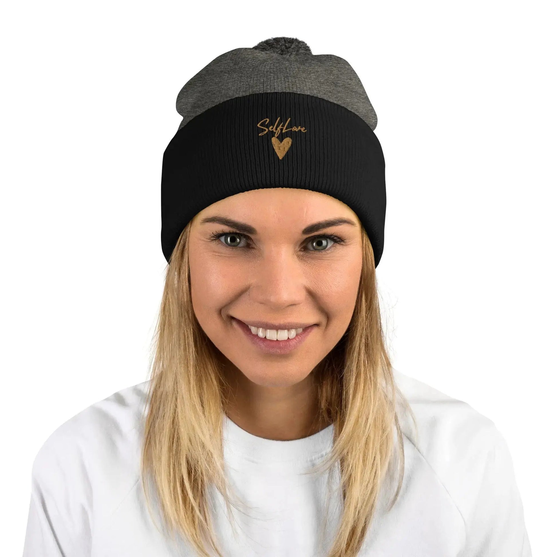 Self Love Pom-Pom Beanie - Women's Beanie with Embroidery by Maiden-Art