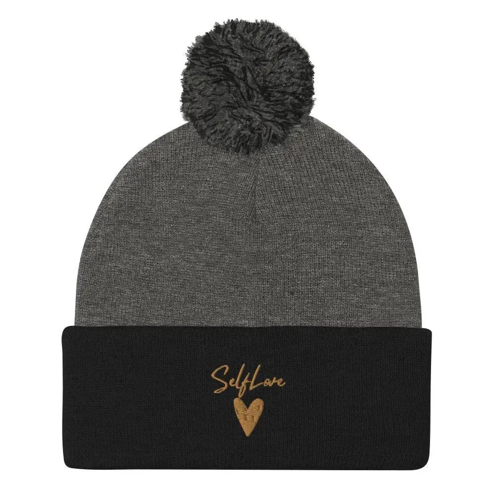 Self Love Pom-Pom Beanie - Women's Beanie with Embroidery by Maiden-Art