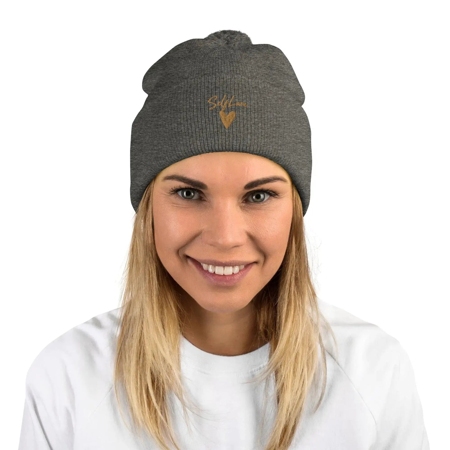 Self Love Pom-Pom Beanie - Women's Beanie with Embroidery by Maiden-Art