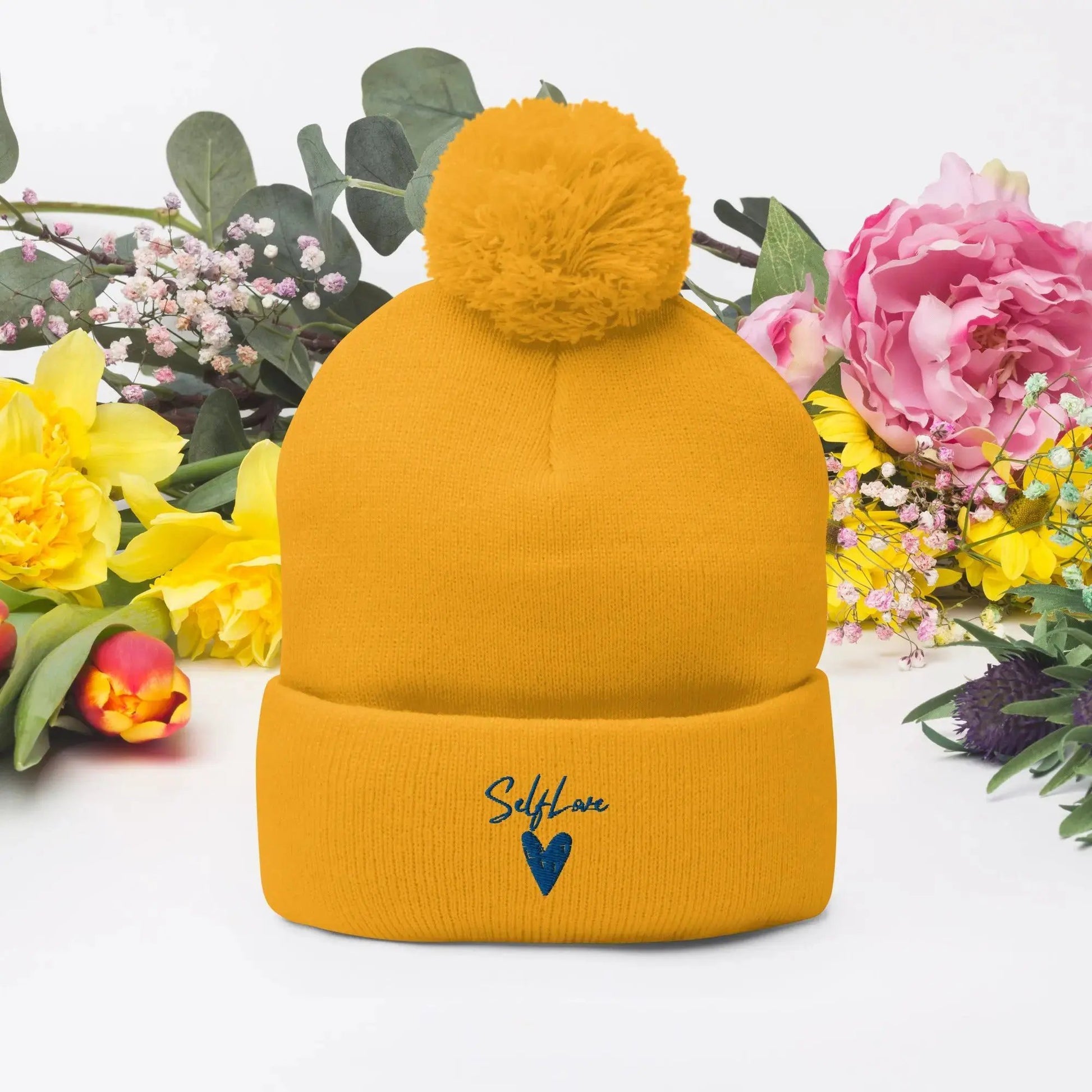 Self Love - Pom-Pom Beanie - Winter Beanie with Embroidery by Maiden-Art
