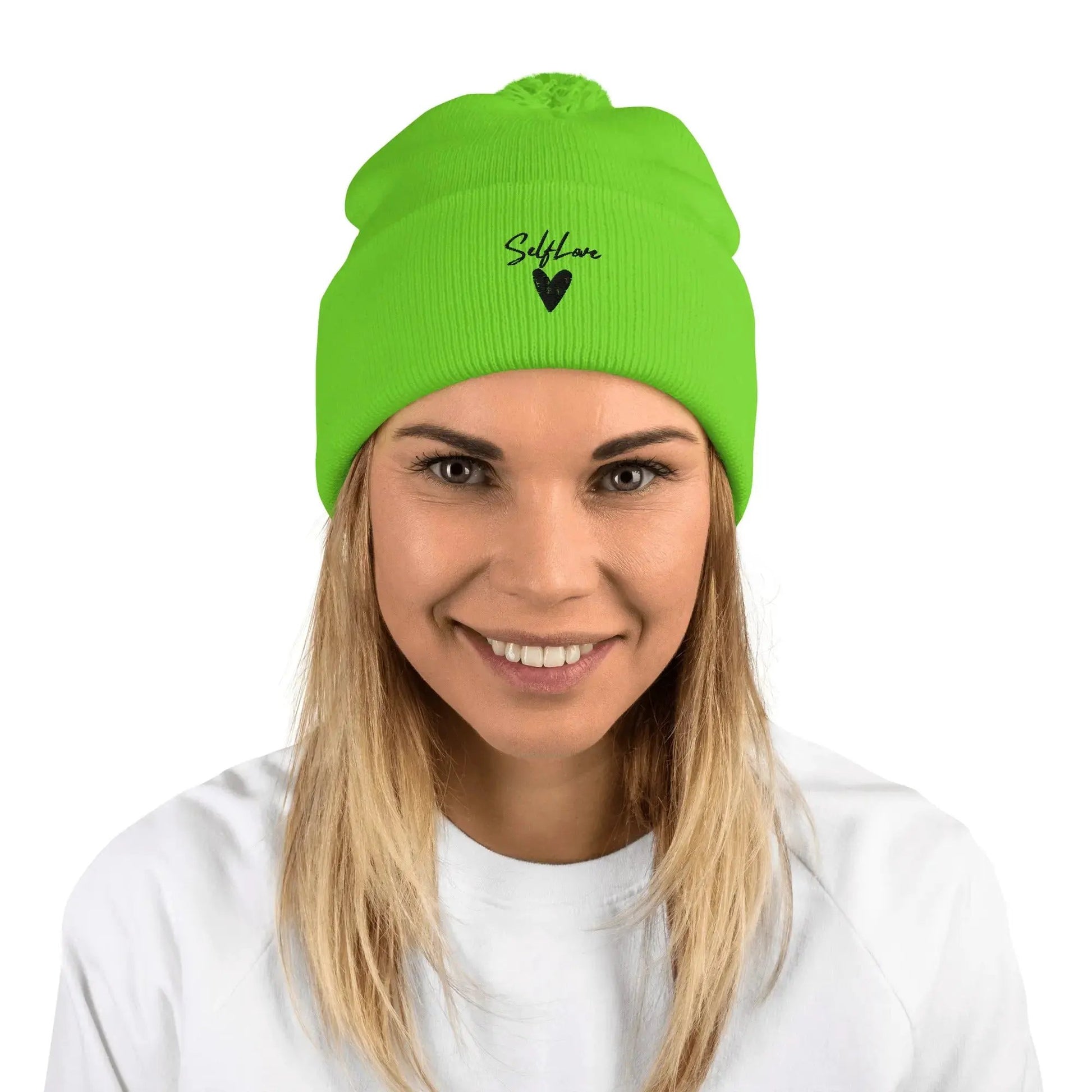 Self Love Pom-Pom Beanie - Women's Beanie with Embroidery by Maiden-Art