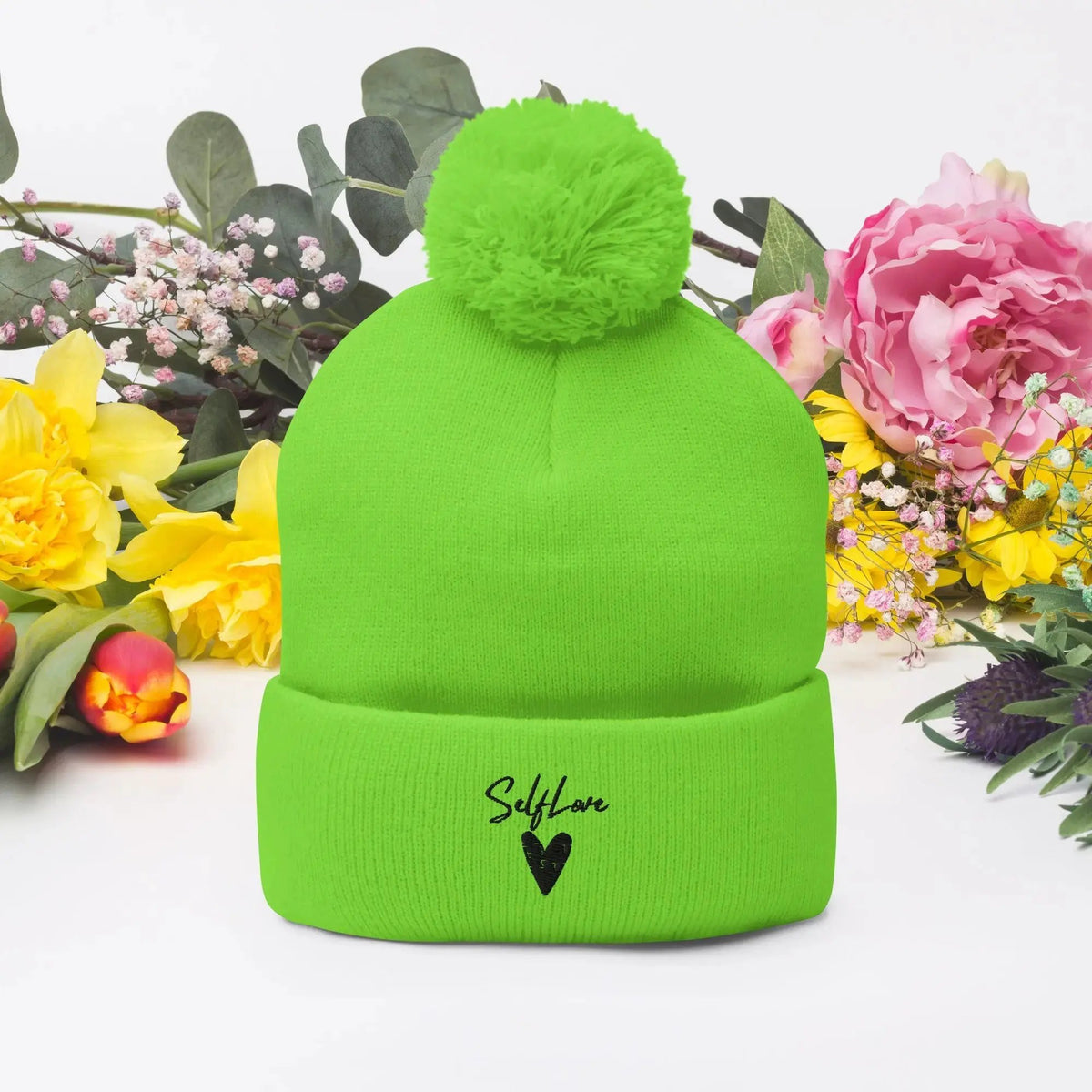 Self Love Pom-Pom Beanie - Women's Beanie with Embroidery by Maiden-Art