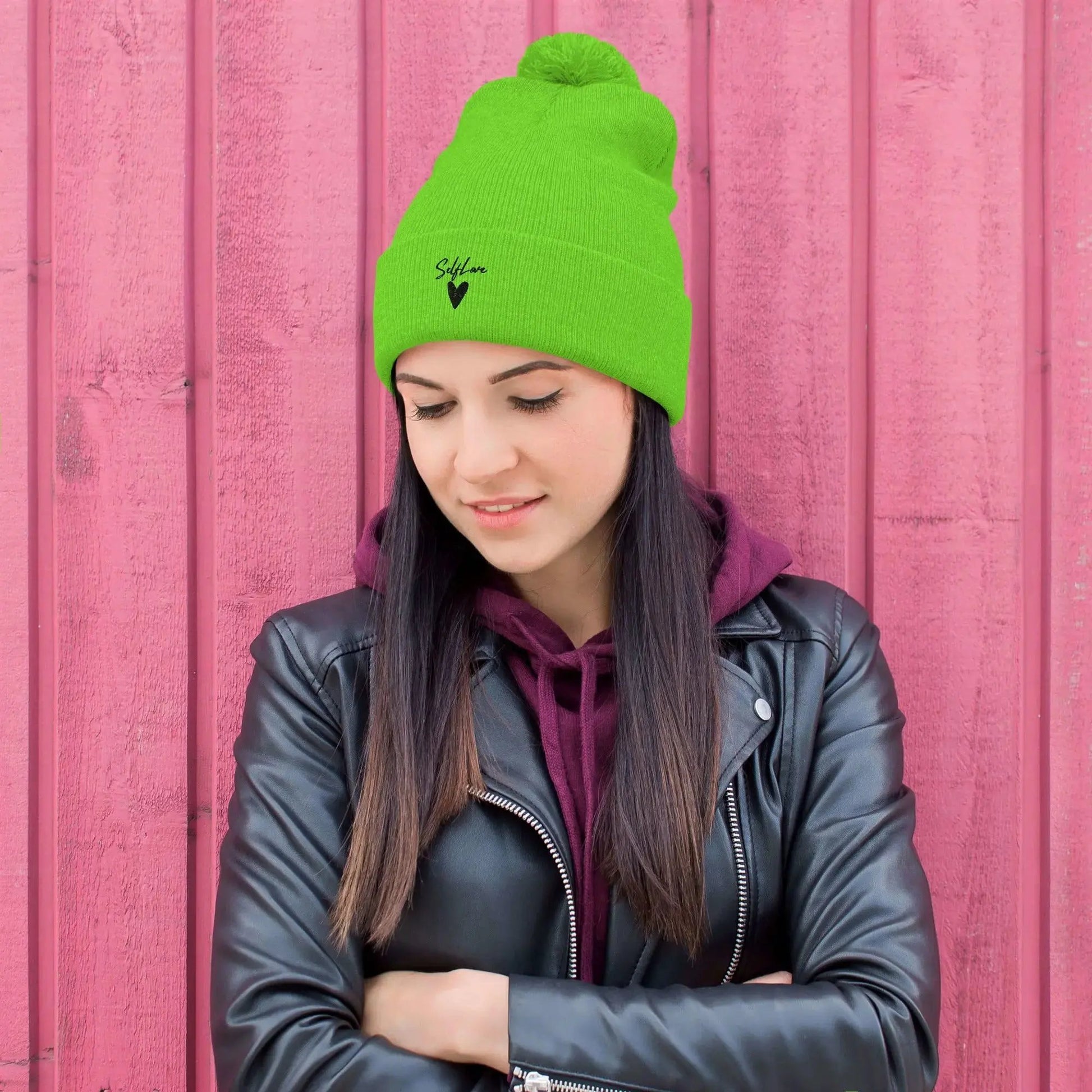 Self Love Pom-Pom Beanie - Women's Beanie with Embroidery by Maiden-Art