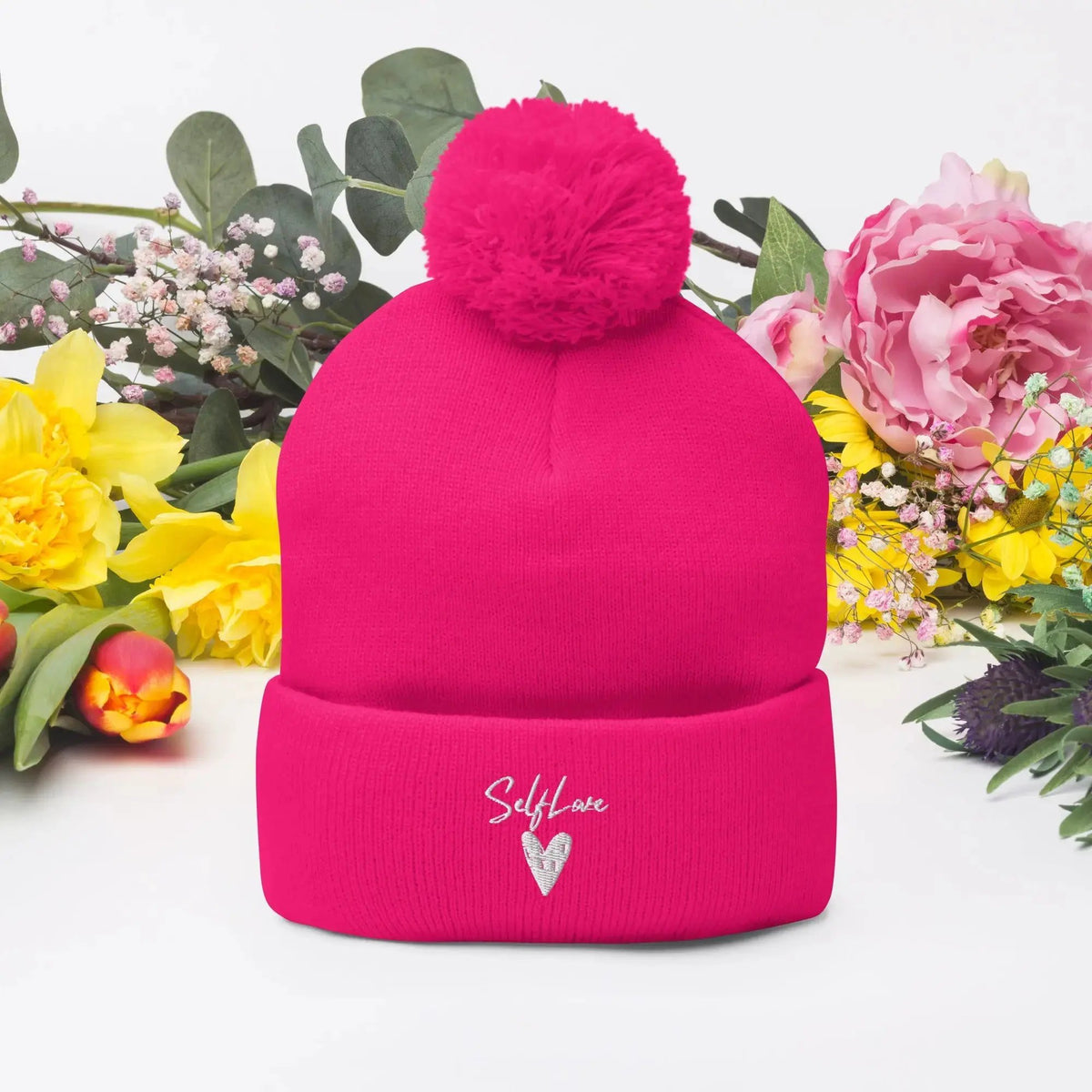 Self Love - Pom-Pom Beanie - Winter Beanie with Embroidery by Maiden-Art