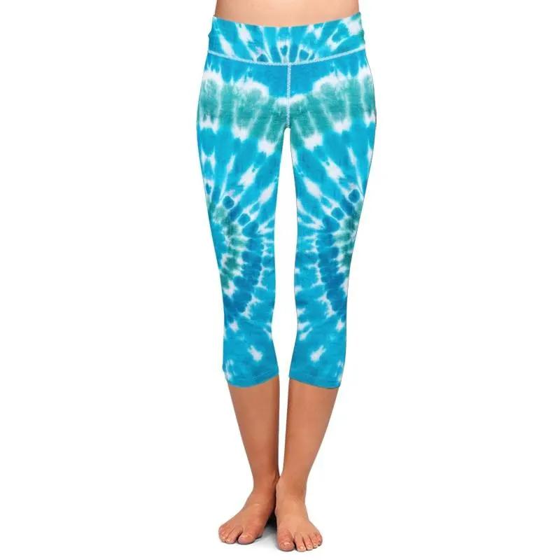 Women Stretch Capri Pants Blue Tie-dye Print High Waist Mid-Calf Casual Fitness Leggings Plus Size by Vimost Shop