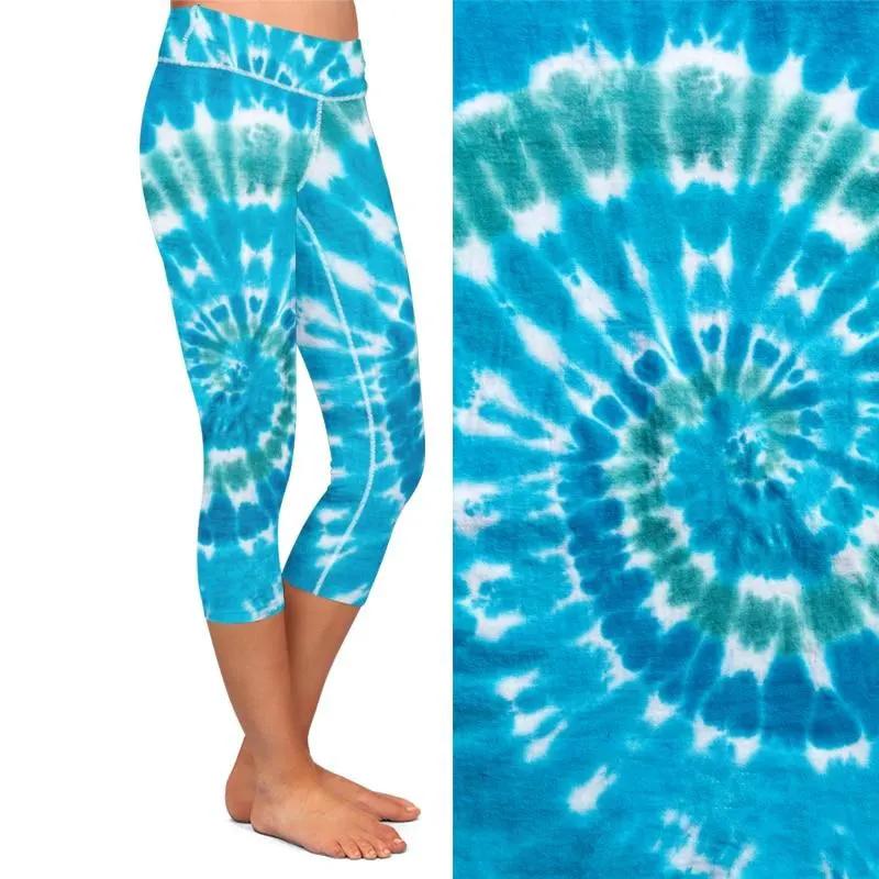 Women Stretch Capri Pants Blue Tie-dye Print High Waist Mid-Calf Casual Fitness Leggings Plus Size by Vimost Shop