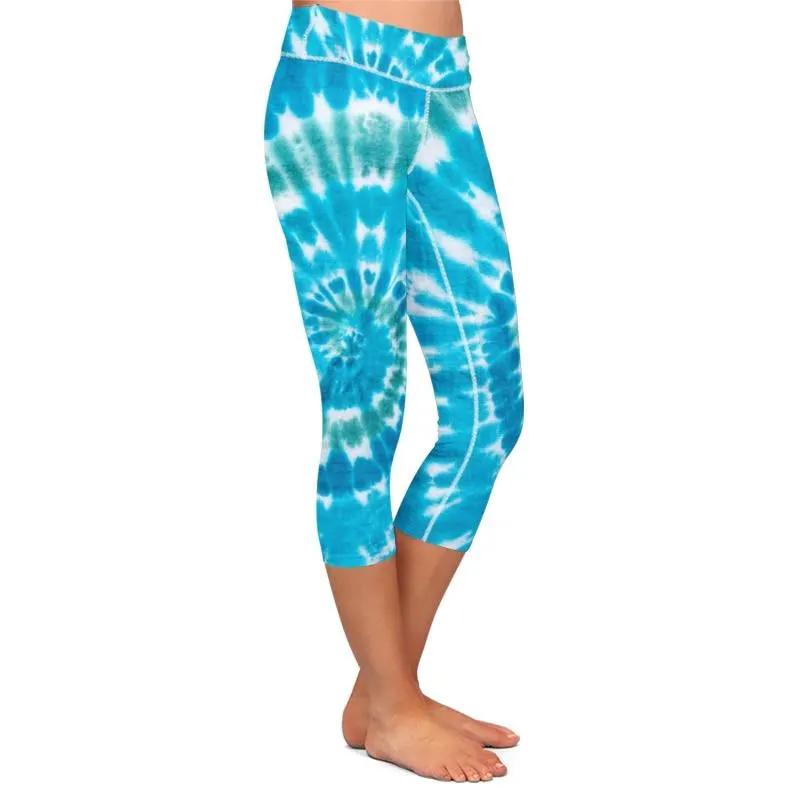 Women Stretch Capri Pants Blue Tie-dye Print High Waist Mid-Calf Casual Fitness Leggings Plus Size by Vimost Shop