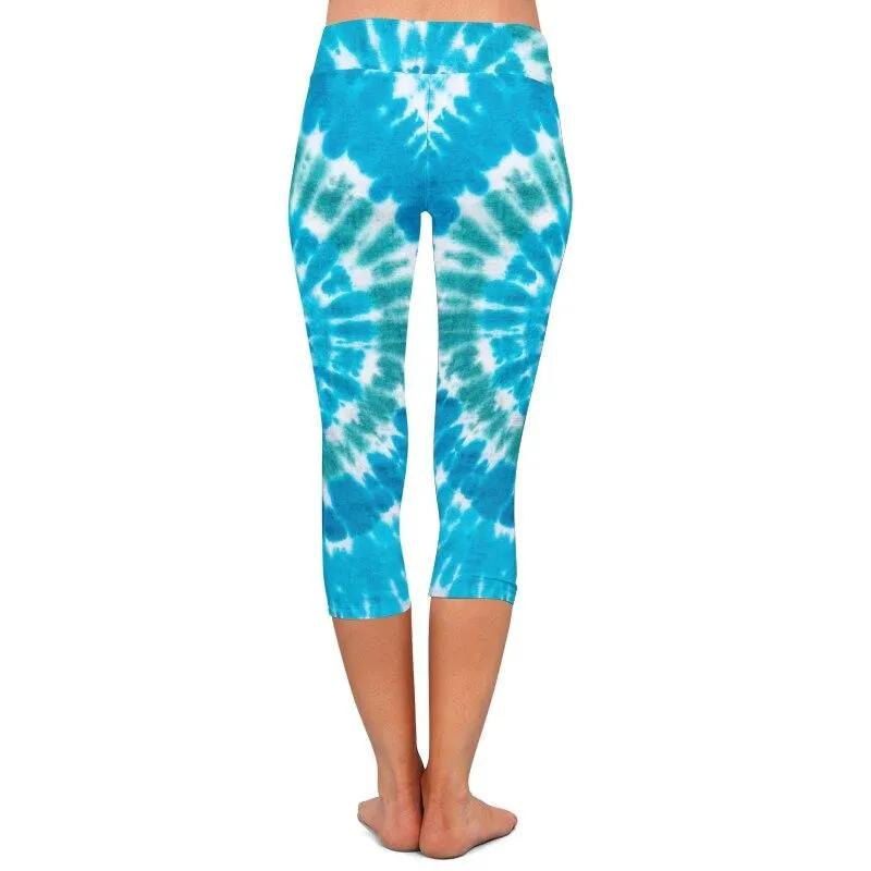 Women Stretch Capri Pants Blue Tie-dye Print High Waist Mid-Calf Casual Fitness Leggings Plus Size by Vimost Shop