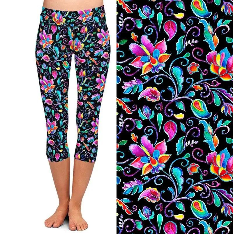 Summer New Women Black Capri Leggings High Elastic Milk Silk Flowers Print High Waist Fitness Casual Mid-Calf Leggings by Vimost Shop