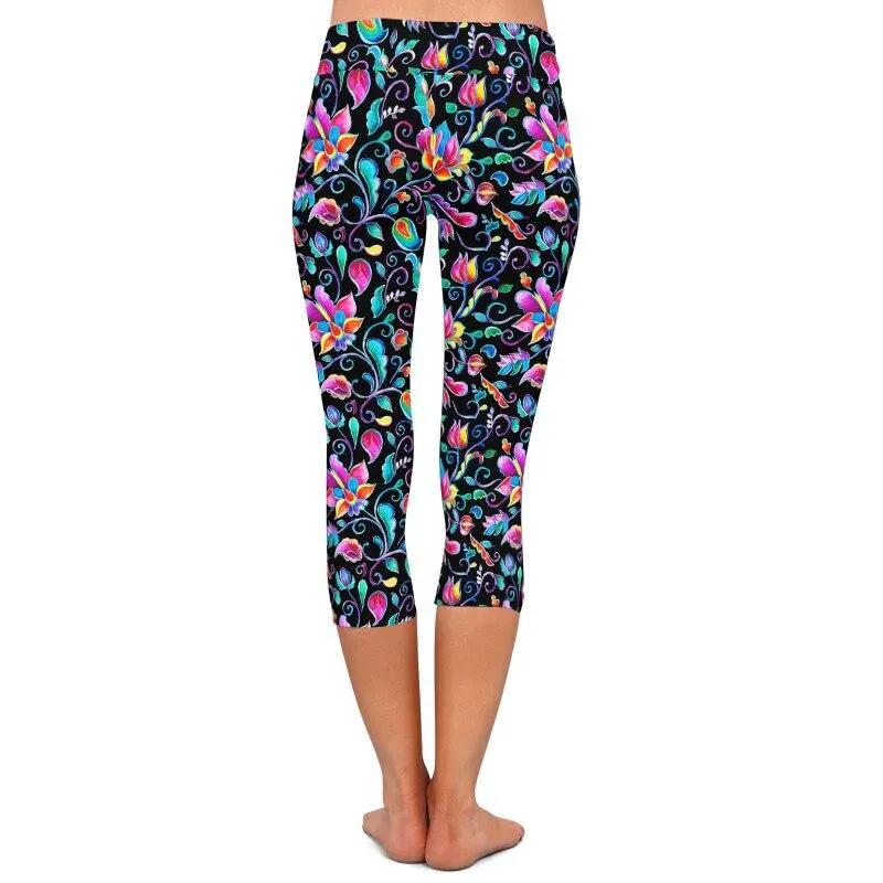Summer New Women Black Capri Leggings High Elastic Milk Silk Flowers Print High Waist Fitness Casual Mid-Calf Leggings by Vimost Shop