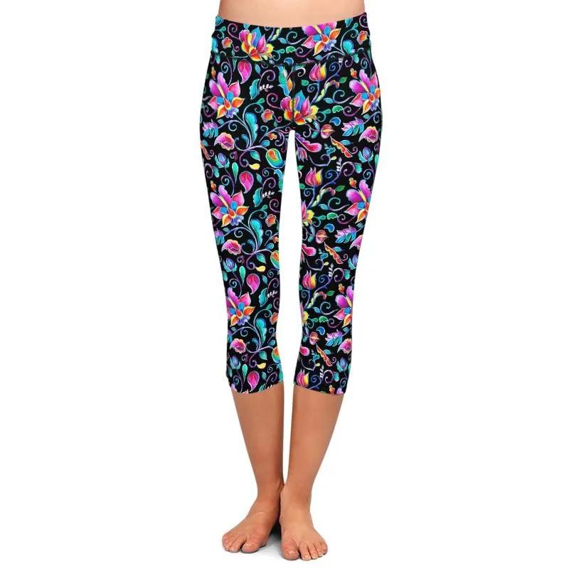 Summer New Women Black Capri Leggings High Elastic Milk Silk Flowers Print High Waist Fitness Casual Mid-Calf Leggings by Vimost Shop