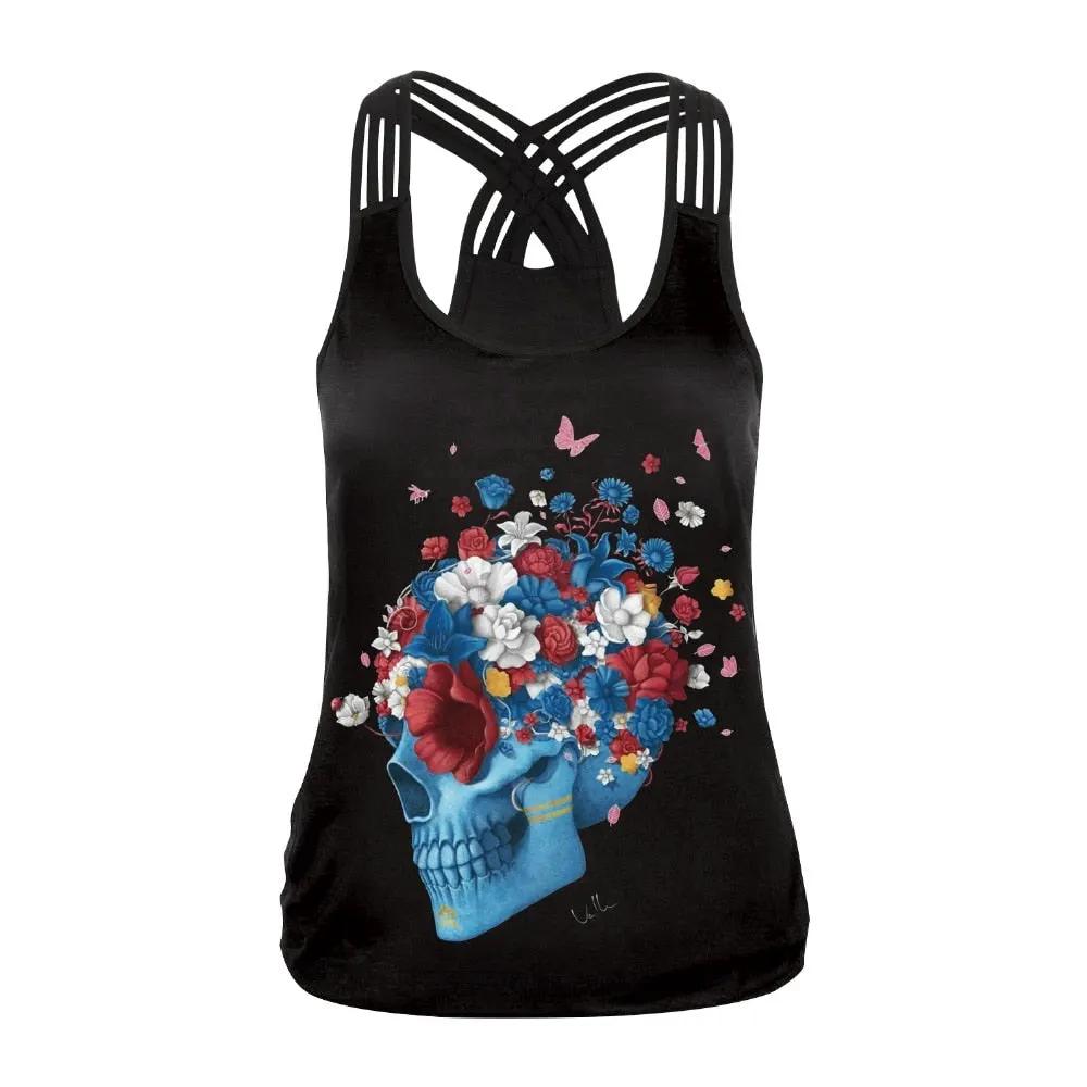 Fashion Halloween Sugar Skull Rose Girl Tank Top for Women Gothic Style Back Cross Sleeveless Vest by Vimost Shop