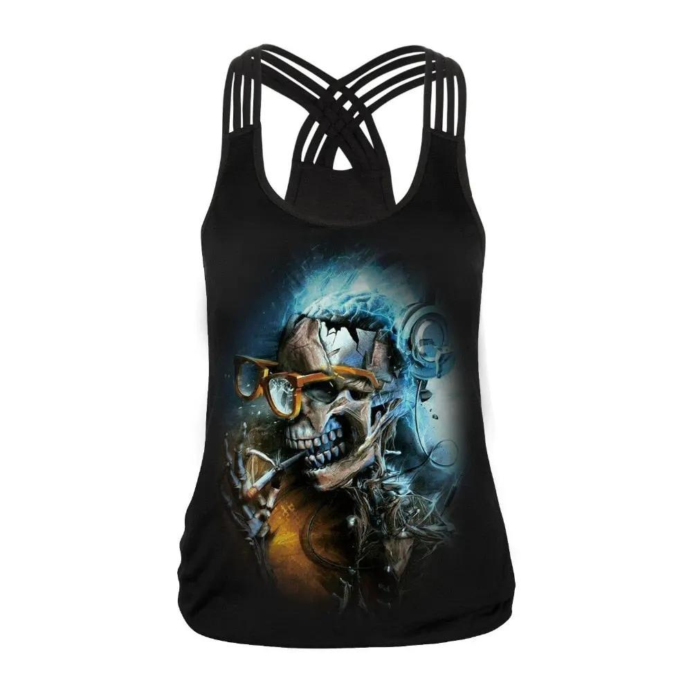 Fashion Halloween Sugar Skull Rose Girl Tank Top for Women Gothic Style Back Cross Sleeveless Vest by Vimost Shop