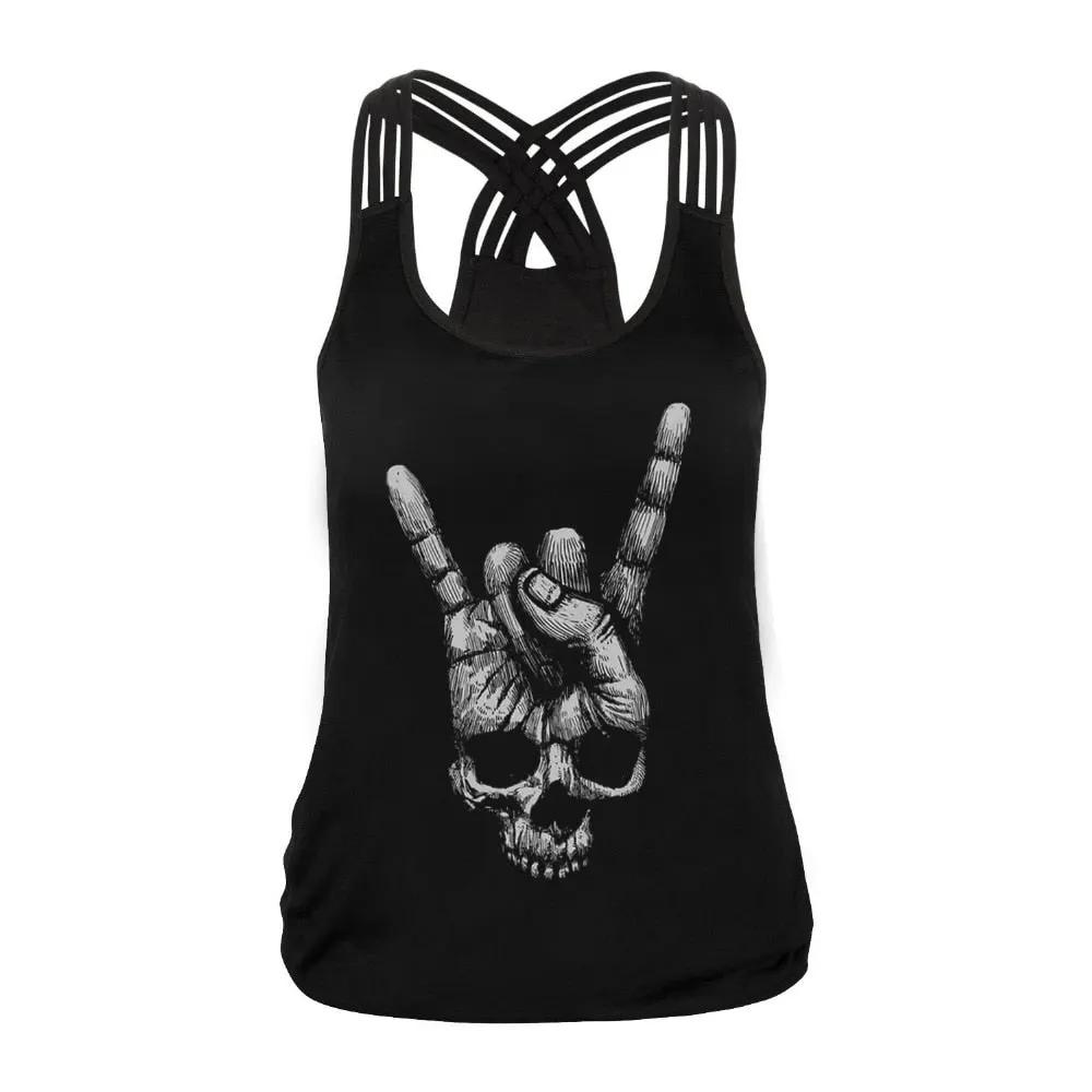 Fashion Halloween Sugar Skull Rose Girl Tank Top for Women Gothic Style Back Cross Sleeveless Vest by Vimost Shop