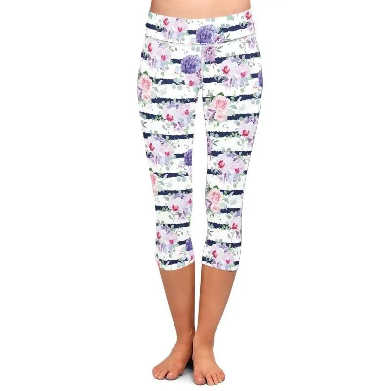 New High Elastic Capri Leggings High Waist Flowers Print Plus Size Mid-Calf 3/4 Stretch Women Leggings for Summer by Vimost Shop