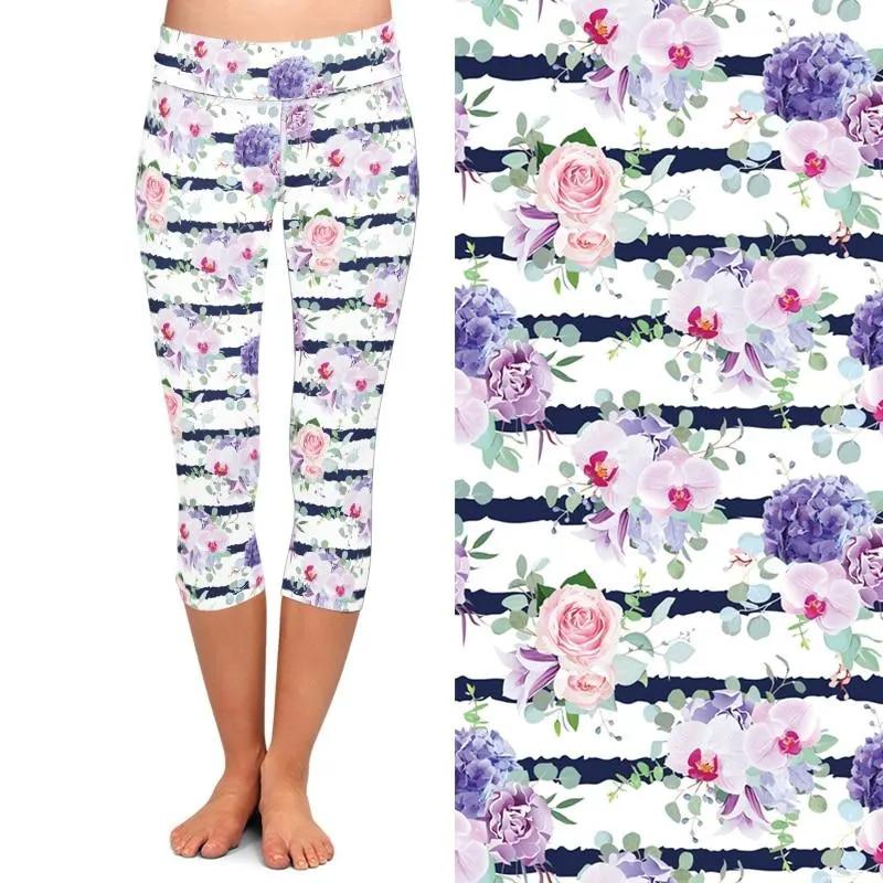 New High Elastic Capri Leggings High Waist Flowers Print Plus Size Mid-Calf 3/4 Stretch Women Leggings for Summer by Vimost Shop