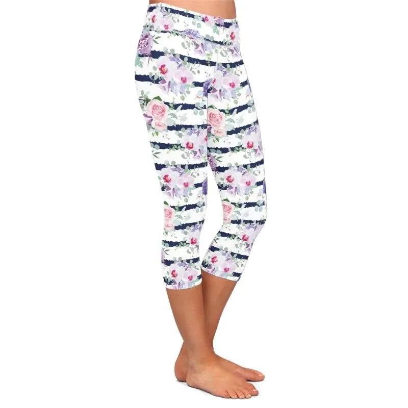 New High Elastic Capri Leggings High Waist Flowers Print Plus Size Mid-Calf 3/4 Stretch Women Leggings for Summer by Vimost Shop