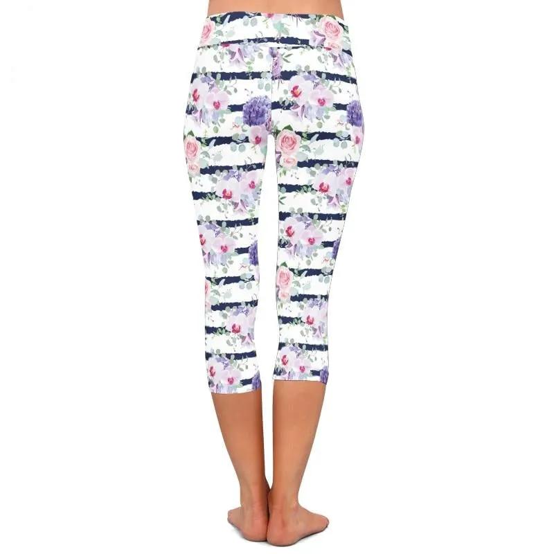 New High Elastic Capri Leggings High Waist Flowers Print Plus Size Mid-Calf 3/4 Stretch Women Leggings for Summer by Vimost Shop