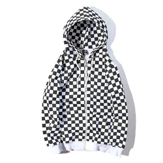 Mens Harajuku Hip Hop Zip Up Hoodie Sweatshirt Black White Checkerboard Plaid Hoodie Streetwear Fleece Hooded Hipster by Vimost Shop