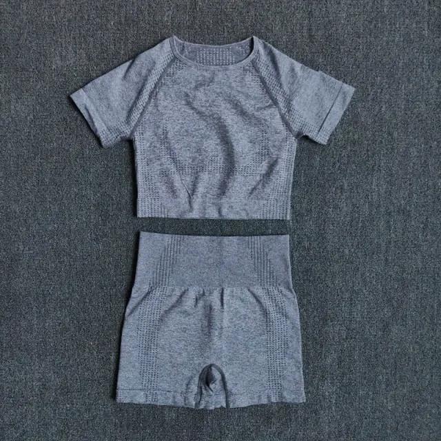 Seamless Women Yoga Set Crop Top Short Sleeve Shirt Fitness Shorts Workout Clothes For Women Gym Clothing Yoga Sport Set by Vimost Shop