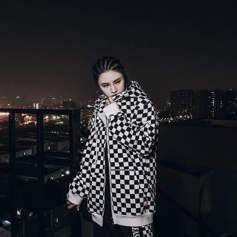 Mens Harajuku Hip Hop Zip Up Hoodie Sweatshirt Black White Checkerboard Plaid Hoodie Streetwear Fleece Hooded Hipster by Vimost Shop