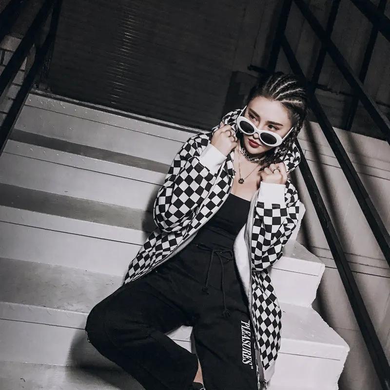 Mens Harajuku Hip Hop Zip Up Hoodie Sweatshirt Black White Checkerboard Plaid Hoodie Streetwear Fleece Hooded Hipster by Vimost Shop